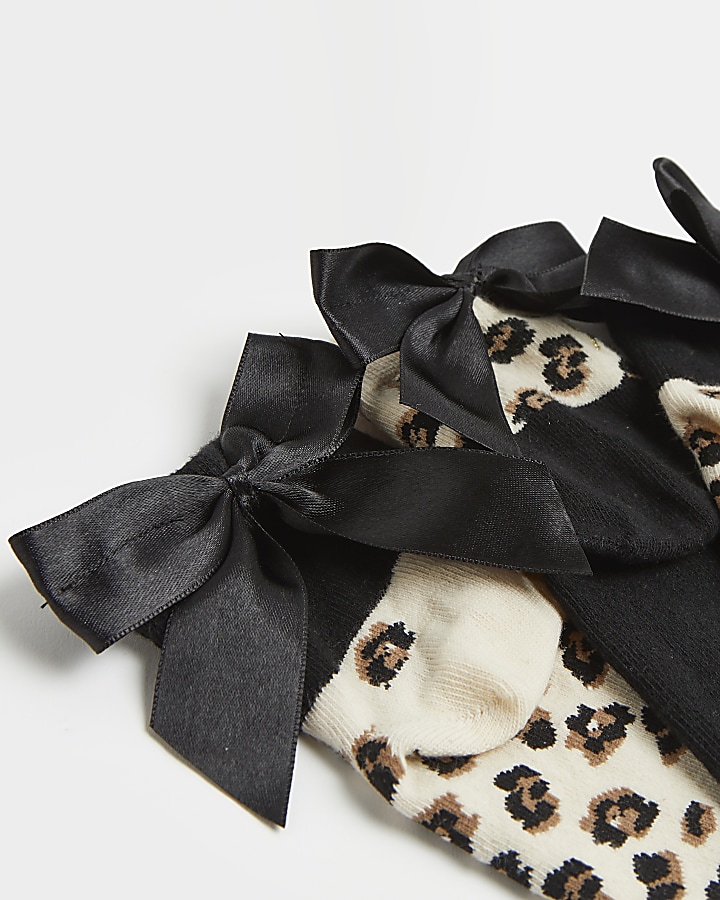 Girls beige leopard print bow socks 2 pack