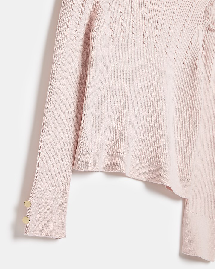 Girls Pink Ribbed Cable Roll Neck Jumper