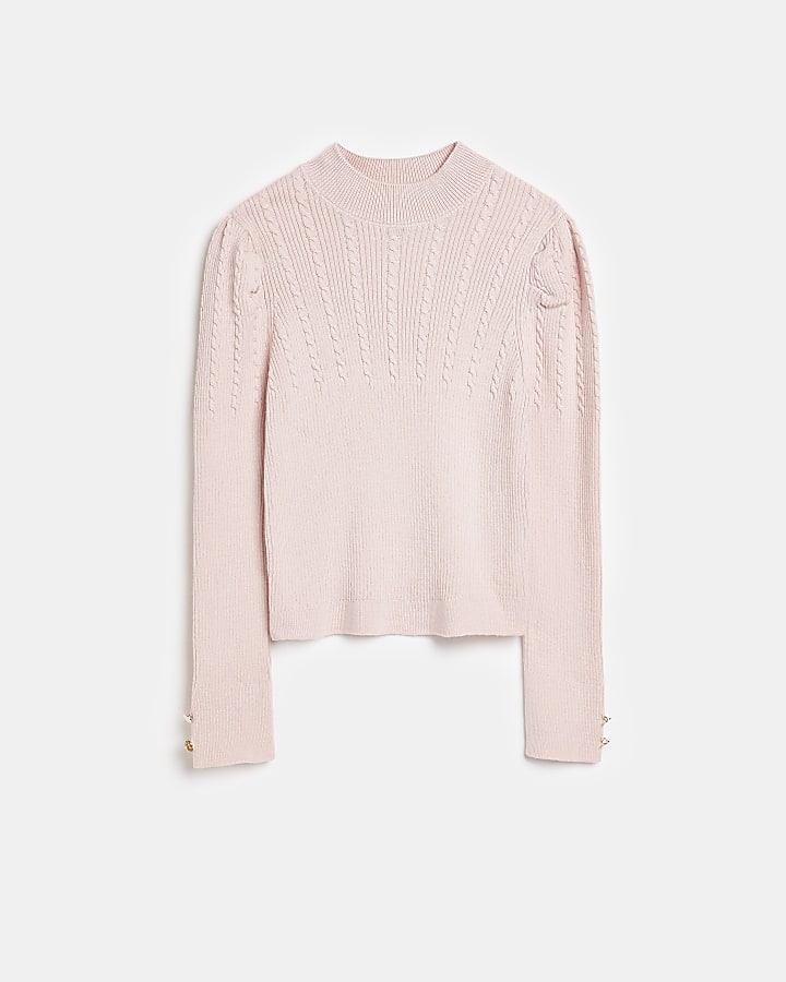 Girls Pink Ribbed Cable Roll Neck Jumper