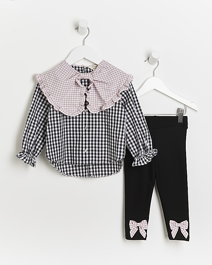 Mini girls black check collar shirt outfit