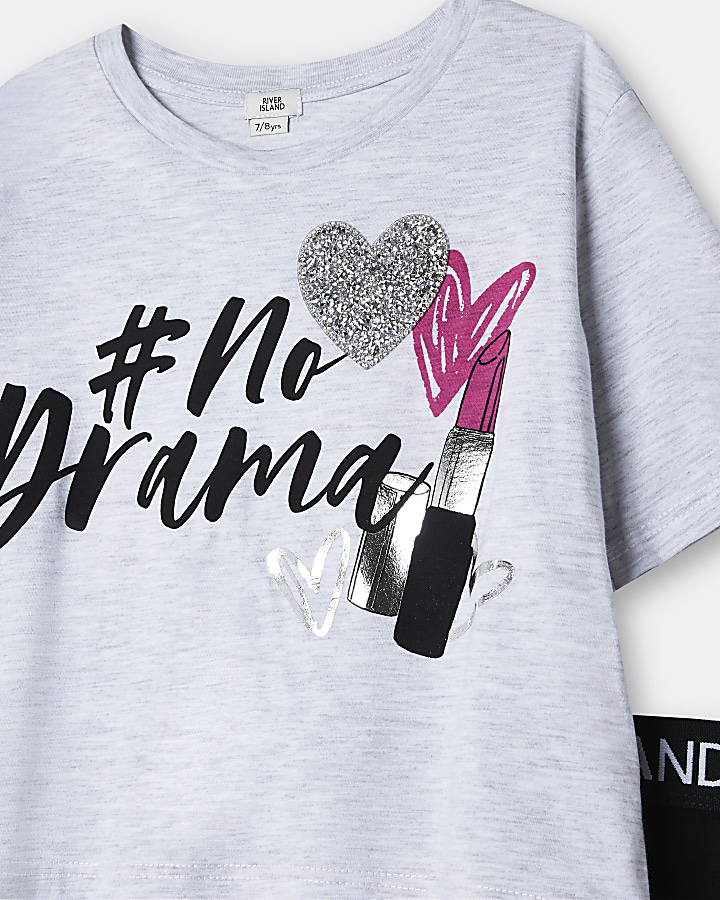 Girls grey 'No Drama' 3D heart t-shirt outfit