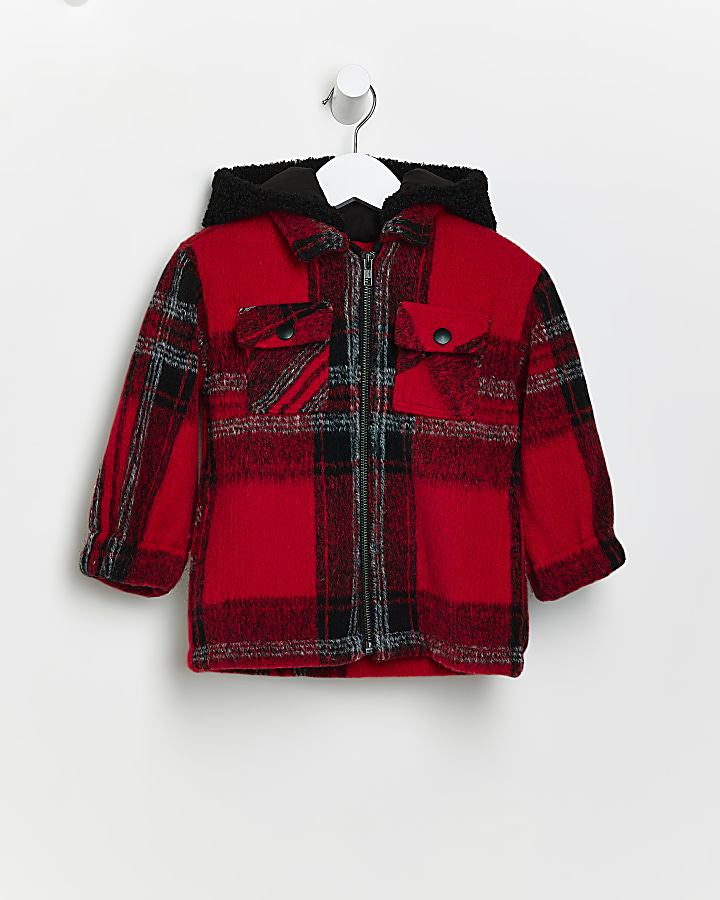 Mini boys Red Borg Hooded Check Overshirt