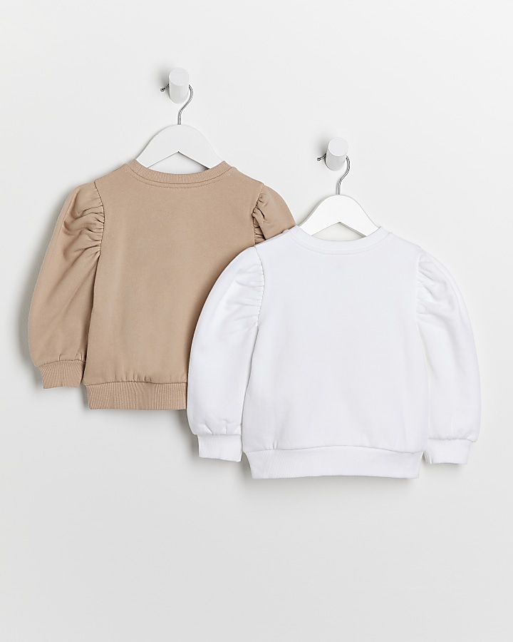 Mini girls beige slogan sweatshirts 2 pack