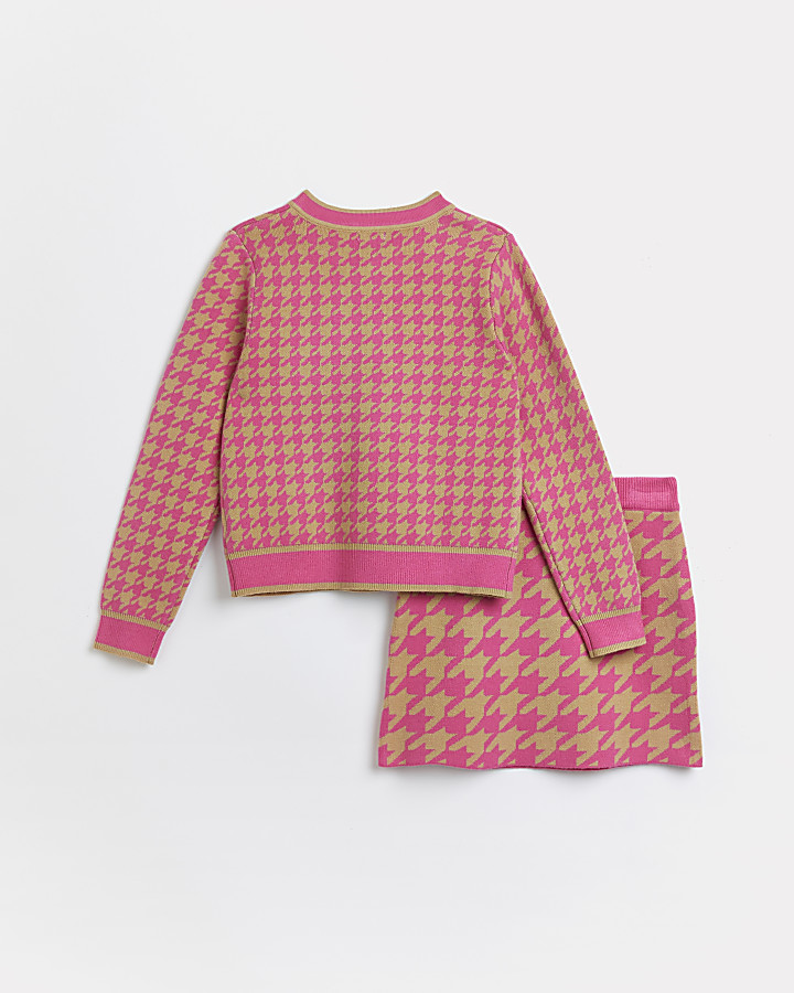 Girls pink dogtooth cardigan and skirt outfit