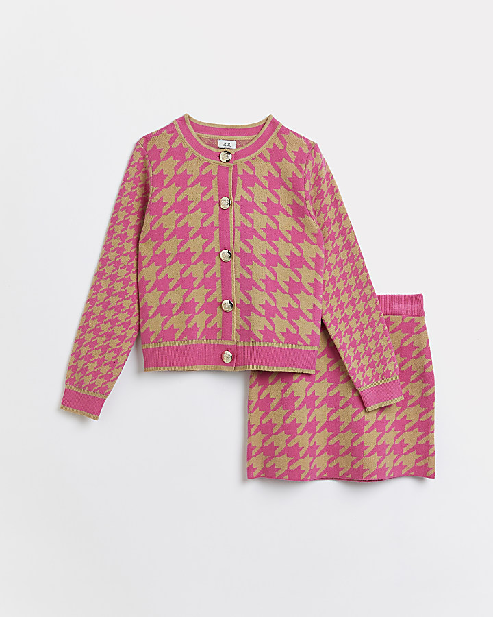 Girls pink dogtooth cardigan and skirt outfit