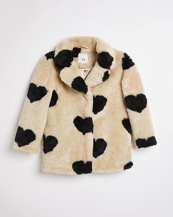 Girls beige heart faux fur coat