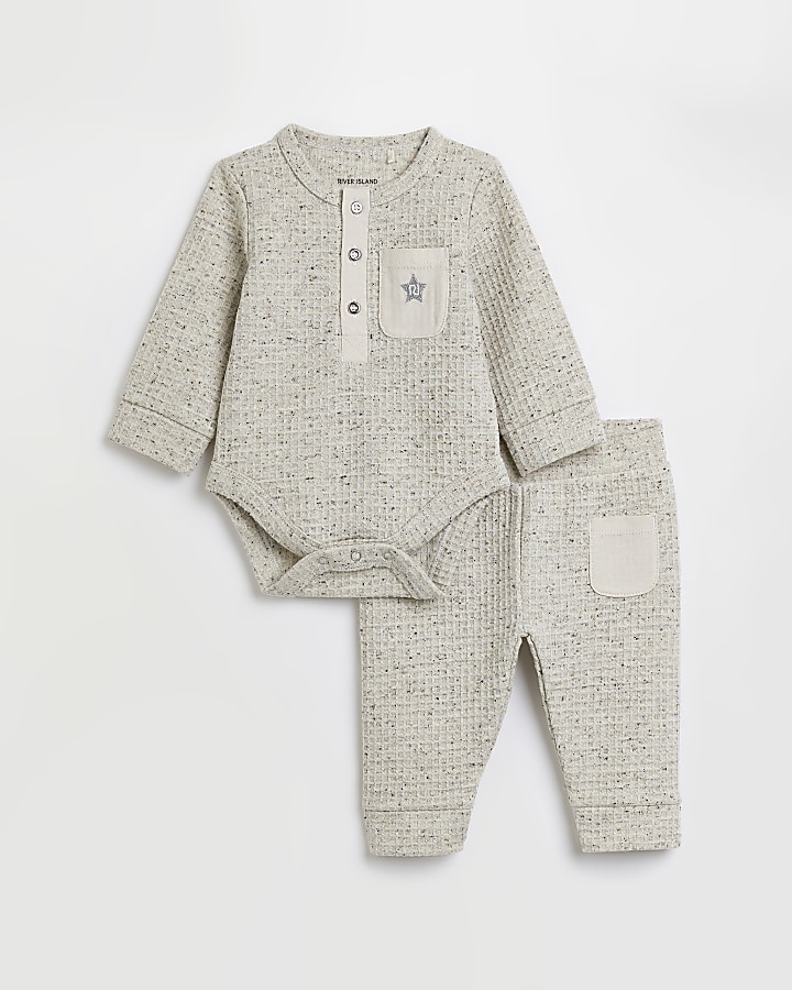 Baby beige waffle babygrow outfit
