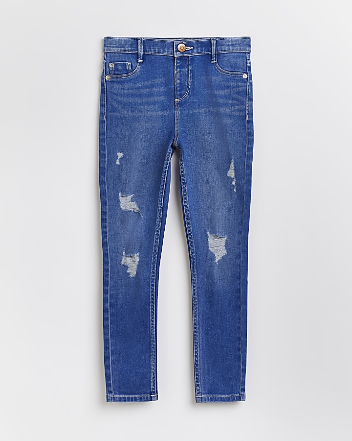 Girls blue ripped Molly skinny jeans | River Island