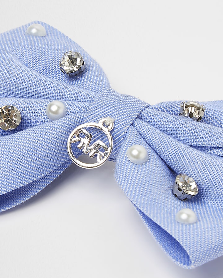 Girls blue pearl bow hair clip