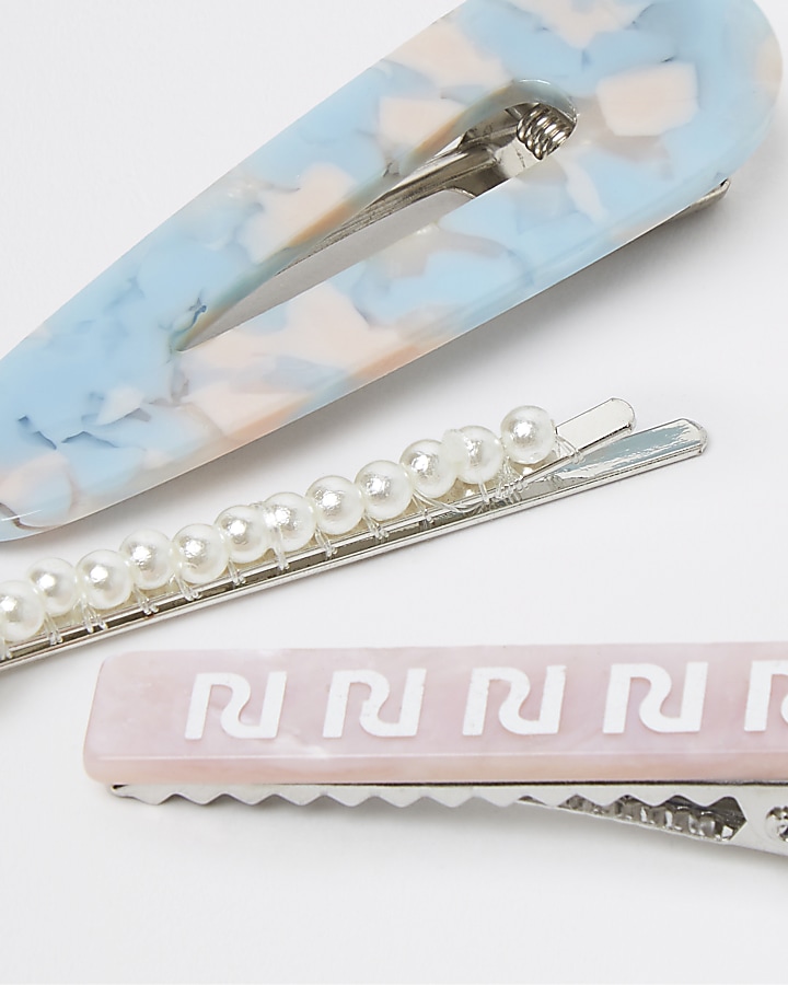 Girls pink RI pearl and marble clip 3 pack