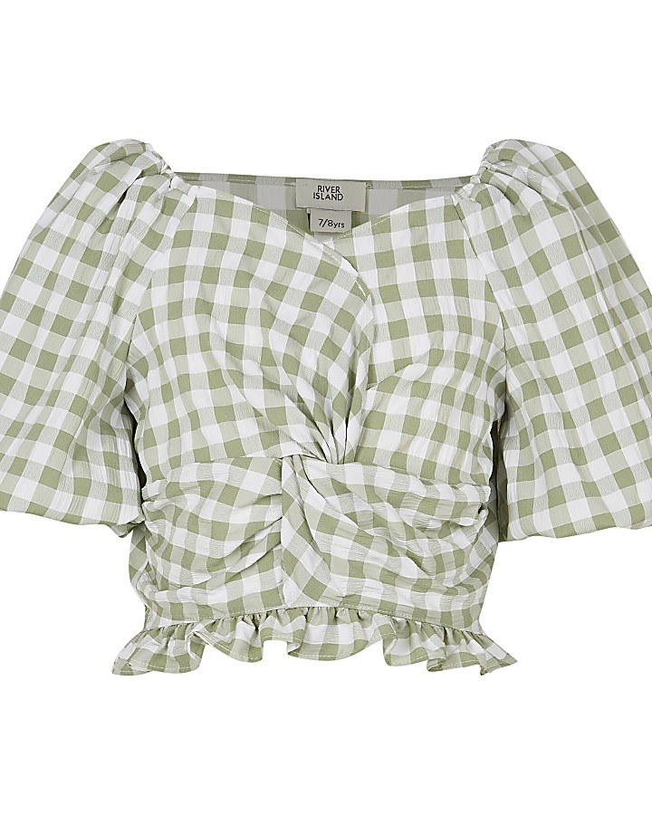 Girls green check print knot front top