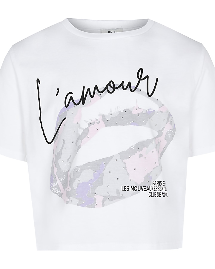 Girls white camo lips 'L'amour' t-shirt
