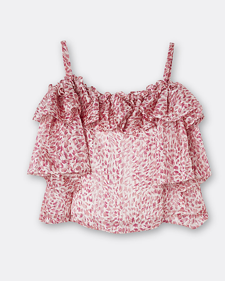 Girls pink animal print frill blouse top