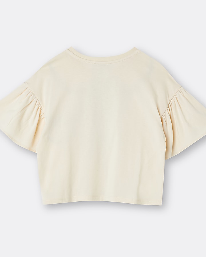 Girls cream collar print frill t-shirt