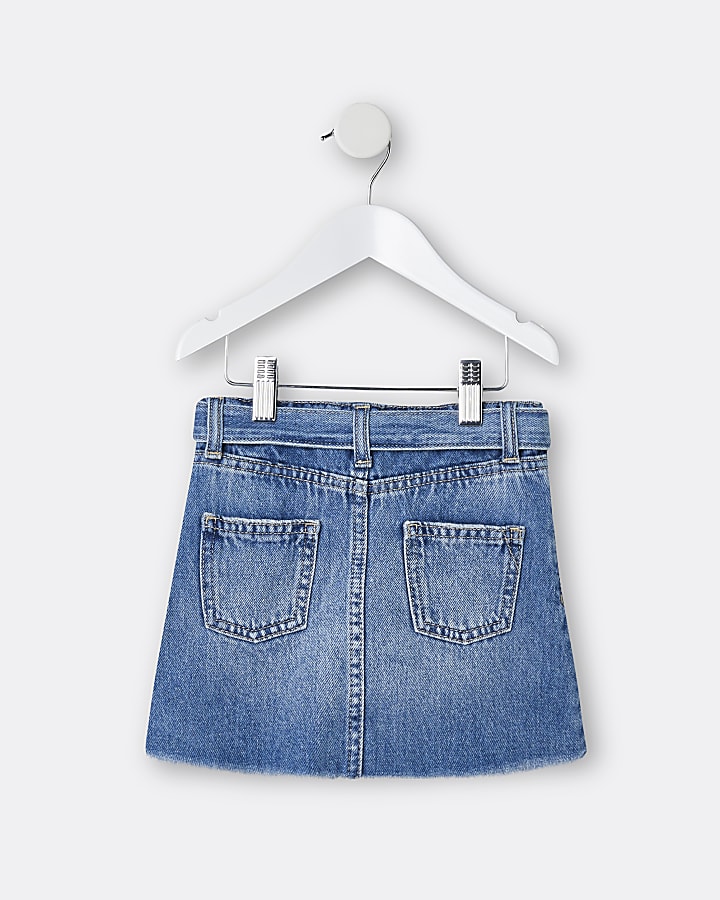Mini girls blue mid wash belted skirt
