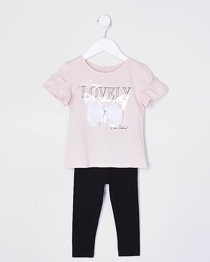 Mini girls pink butterfly bow t-shirt set