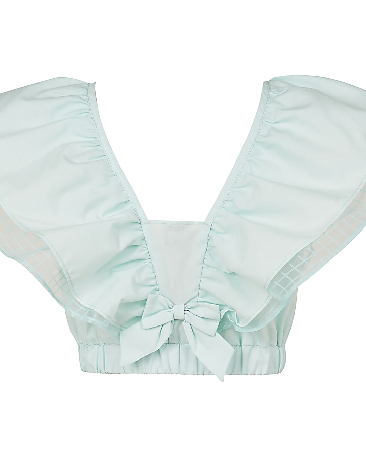 Girls green frill bow back top