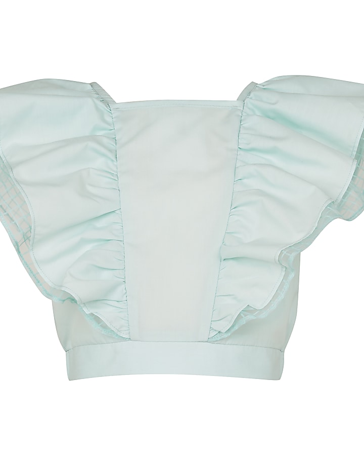 Girls green frill bow back top