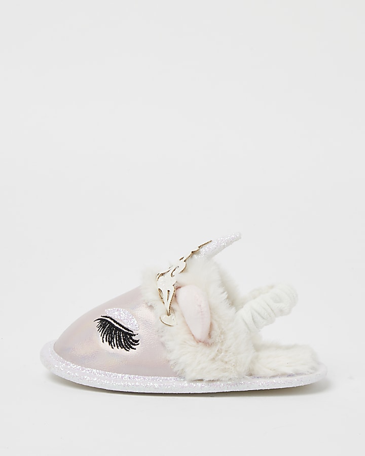 Mini girls pink unicorn slippers River Island