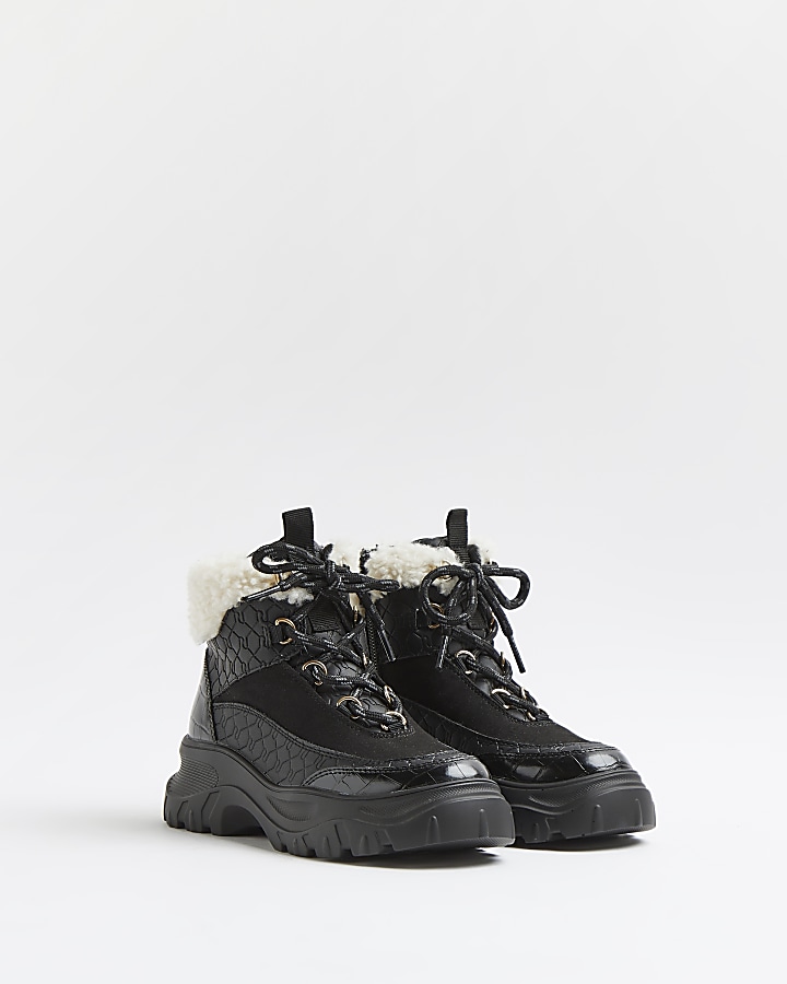 Girls black RI borg lace up hiker boots
