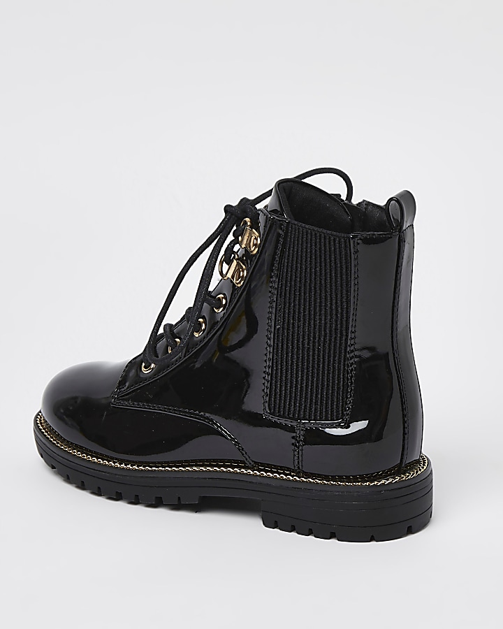 Girls black wide fit lace up boots