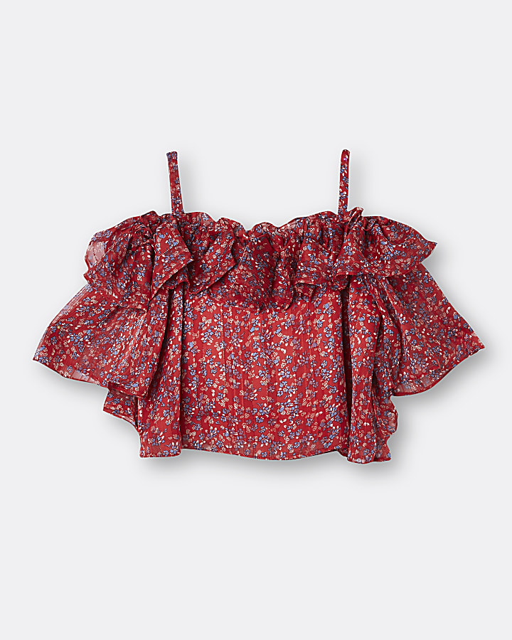 Girls red floral bardot frill blouse top