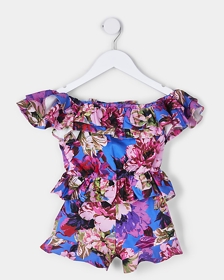 Mini girls blue floral bardot top outfit