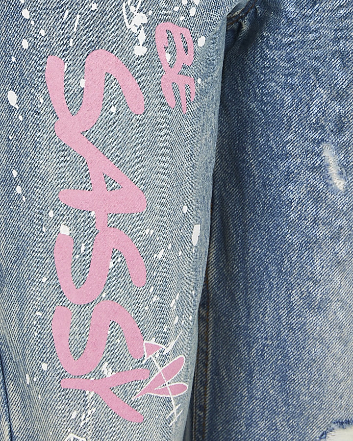 Girls blue ripped graffiti mom jeans
