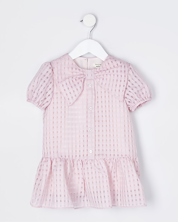 Mini girls pink bow collar shirt dress