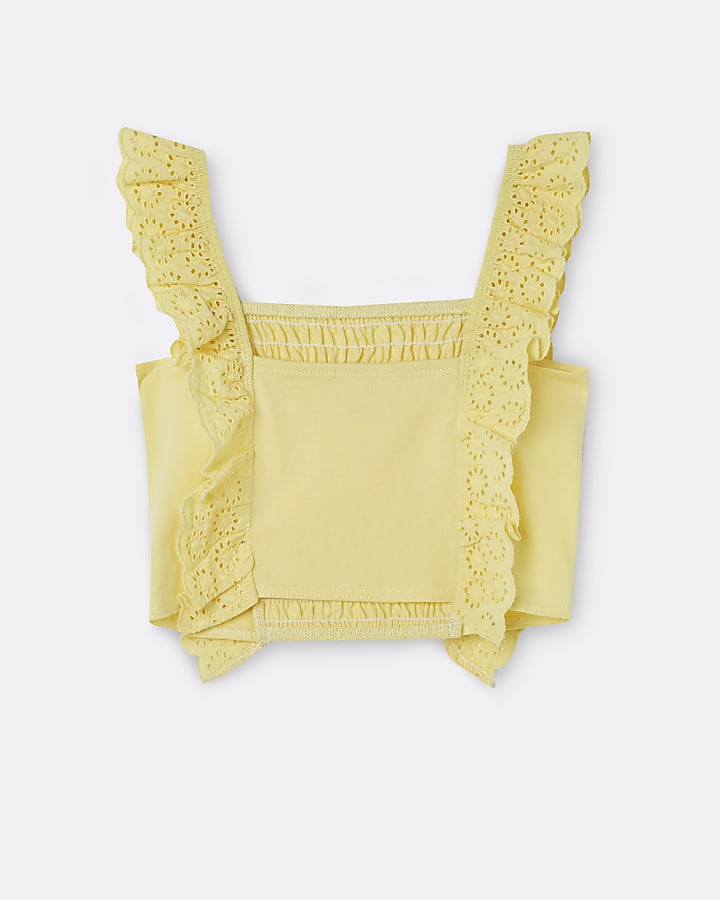 Girls yellow shirred broderie frill crop top