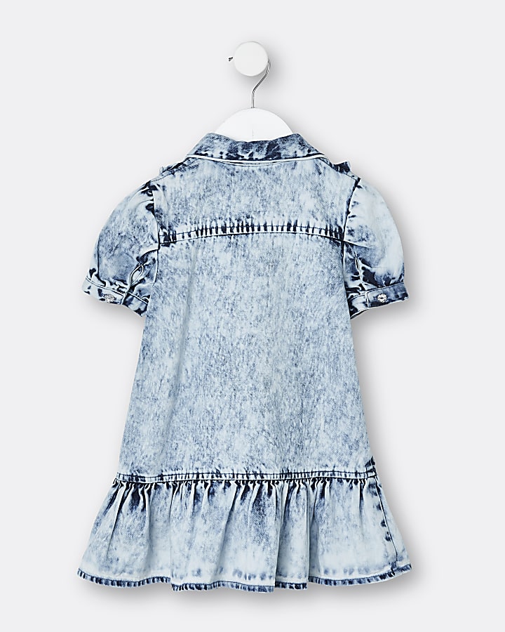 Mini girls blue quilted denim shirt dress