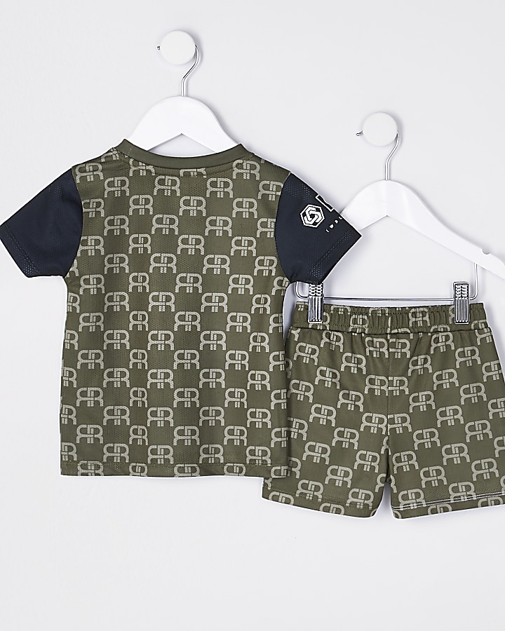 Mini boys khaki monogram mesh shorts outfit