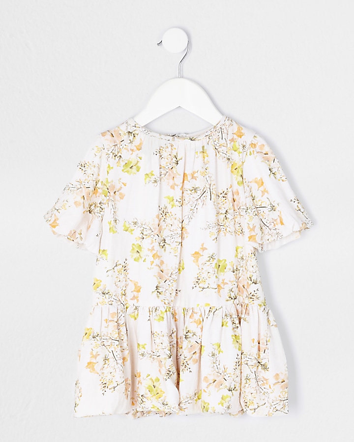 Mini girls cream floral smock dress