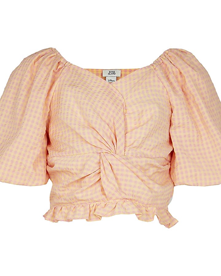 Girls orange knot front puff sleeve top
