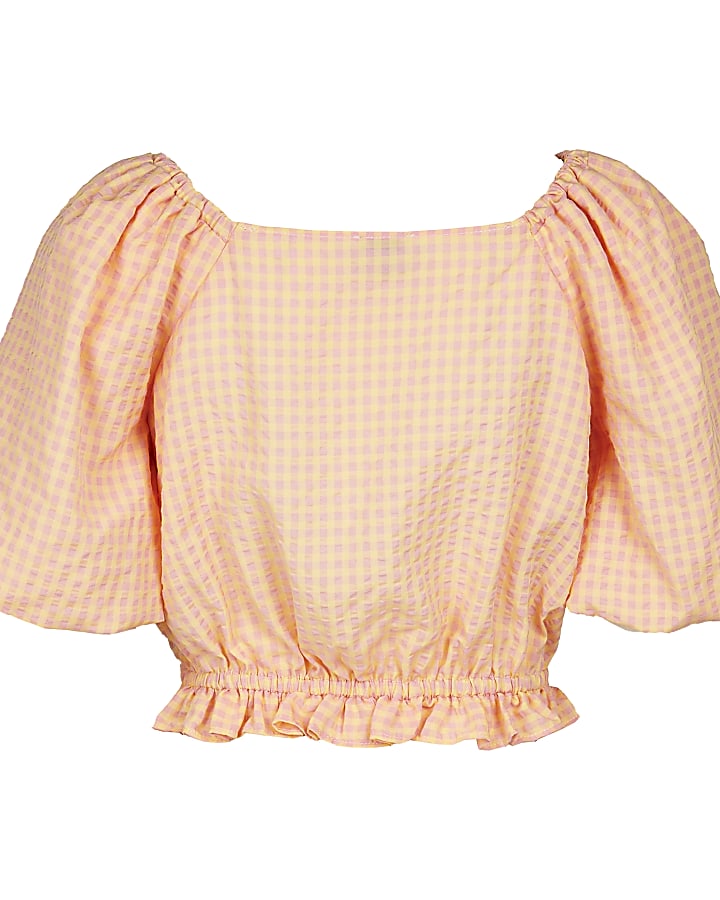Girls orange knot front puff sleeve top