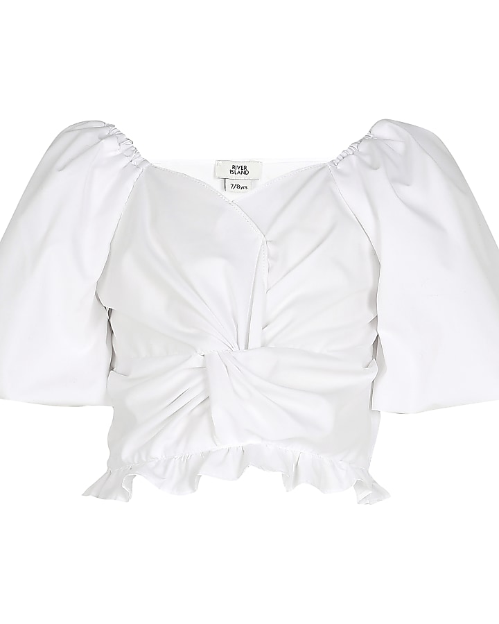 Age 13+ girls white knot front frill top