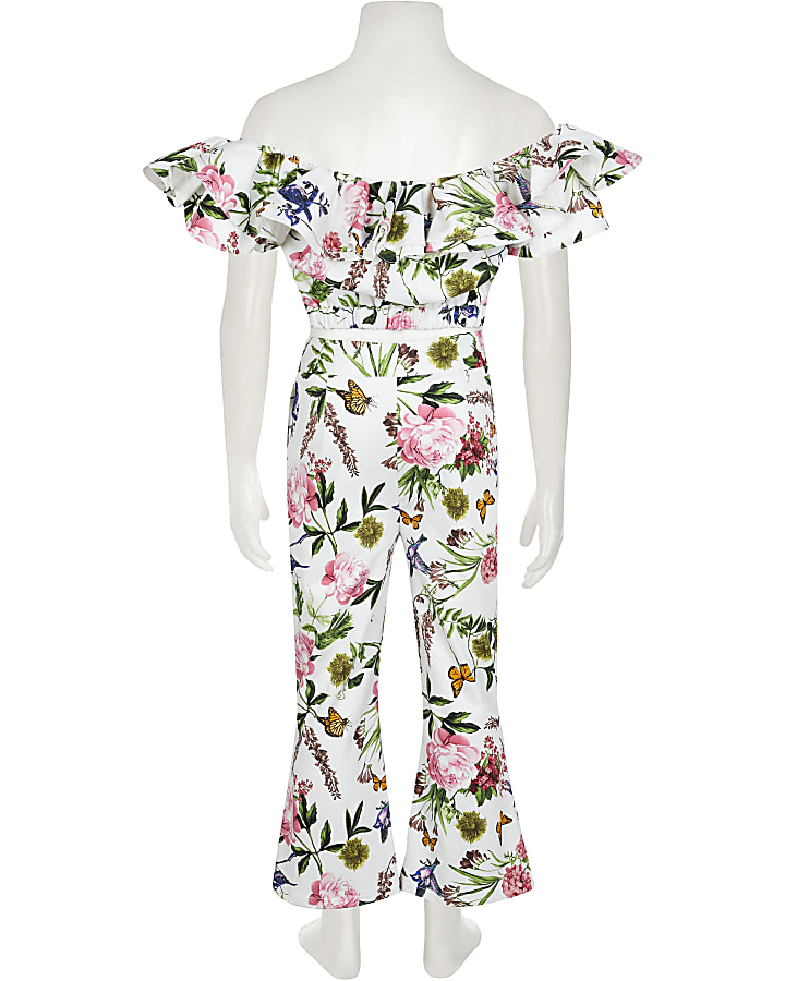Girls white floral bardot top and trouser set