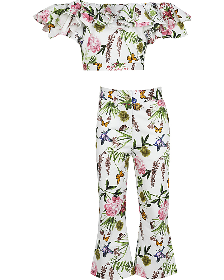 Girls white floral bardot top and trouser set