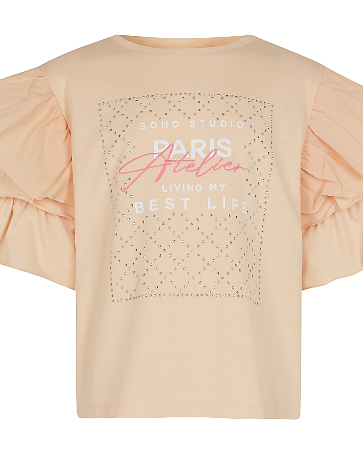 Girls coral ruffle diamante t-shirt