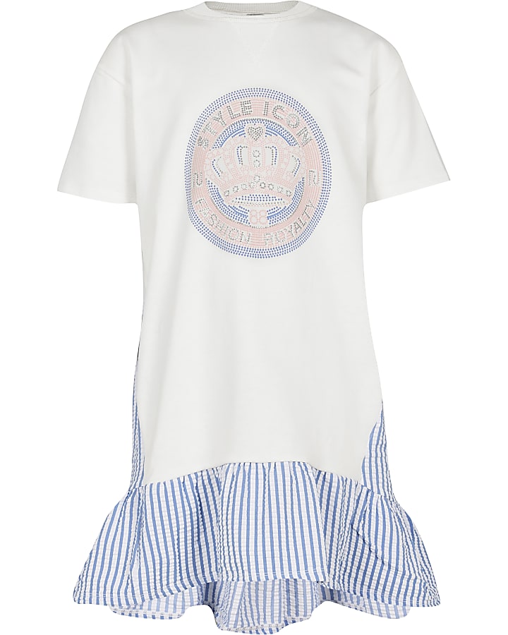 Girls cream frill stripe hem t-shirt dress