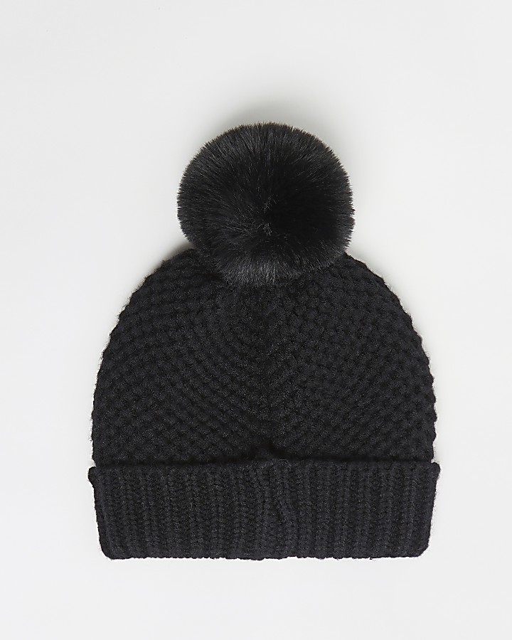 Mini boys black honeycomb knit beanie hat