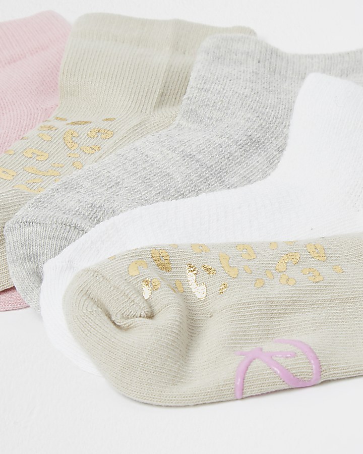 Mini girls beige animal print socks 5 pack