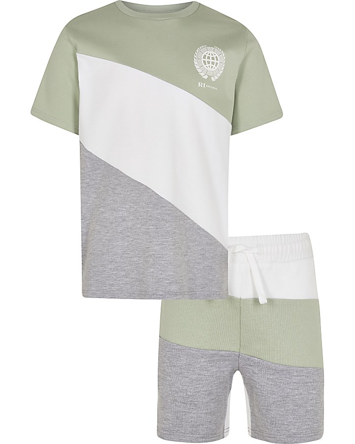 Boys green block t-shirt and shorts outfit