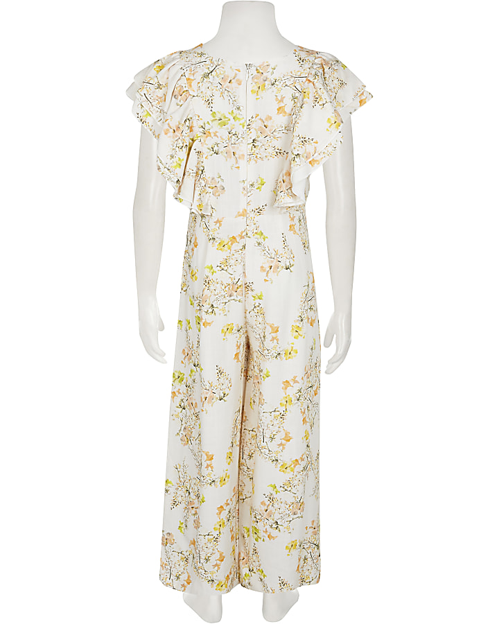 Girls cream floral frill sleeve jumpsuit