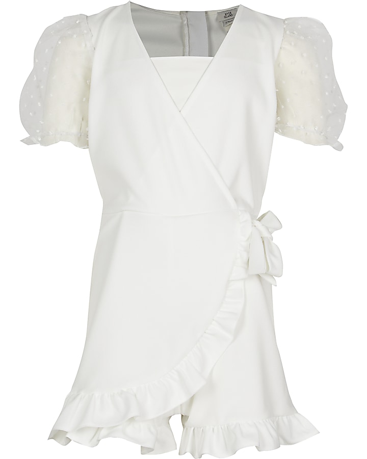 Girls white wrap puff sleeve frill playsuit