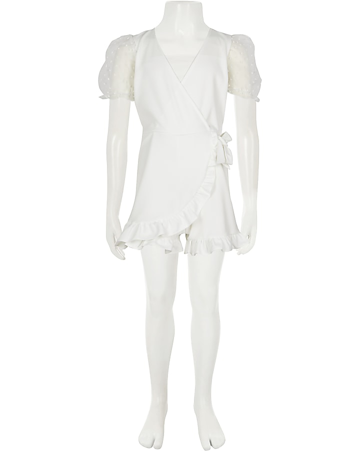 Girls white wrap puff sleeve frill playsuit