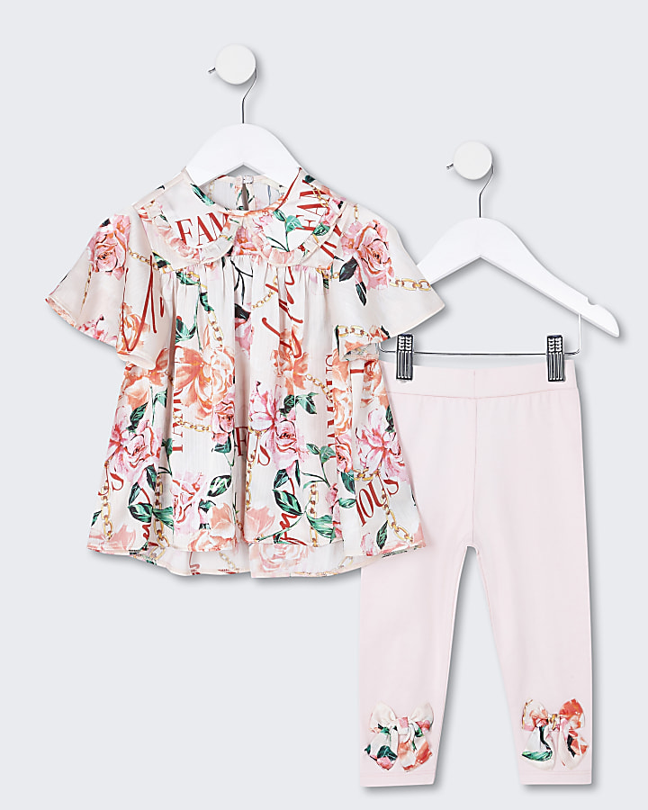 Mini girls pink floral top and legging outfit