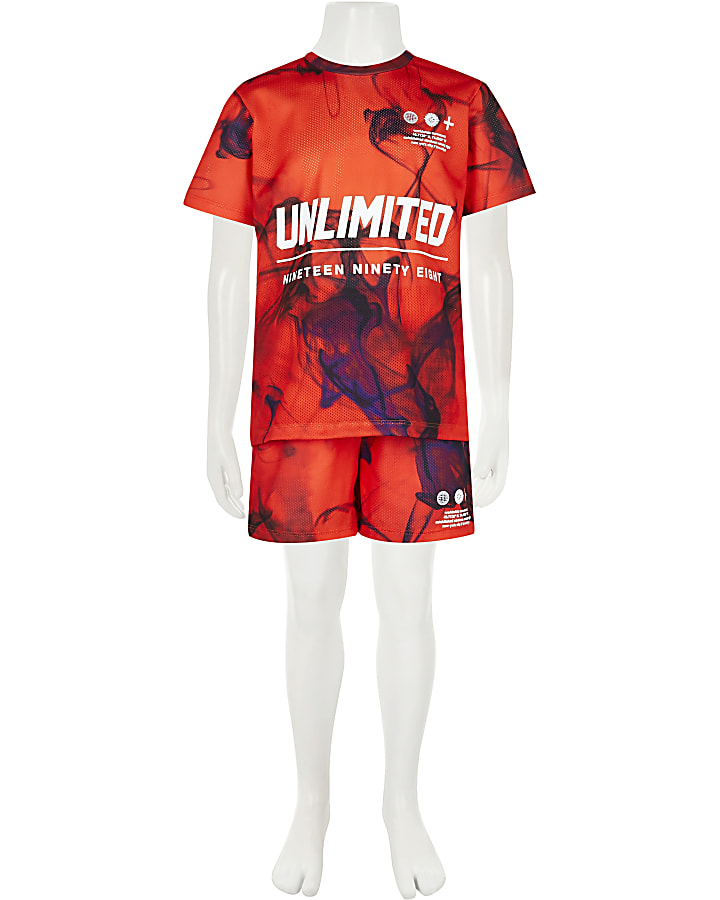 Boys red printed t-shirt and shorts outfit