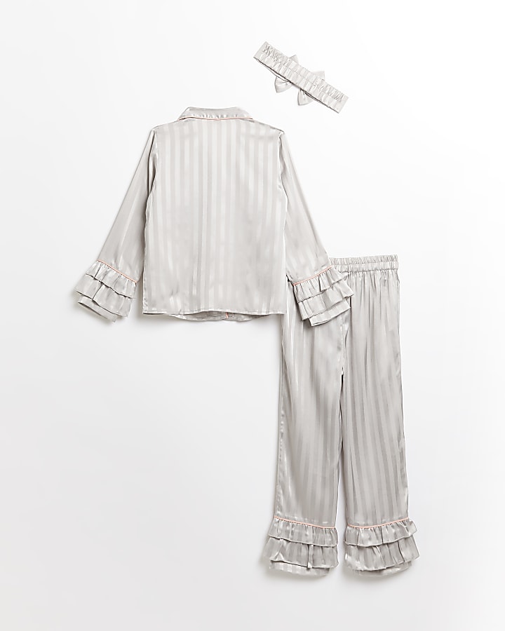 Girls grey RI stripe ruffle pyjama set