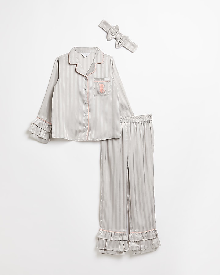 Girls grey RI stripe ruffle pyjama set